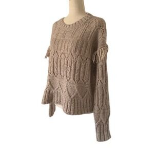 Old Navy Mixed Knit Sweater Medium Fringe Sleeve Boho Recycled Wool Blend EUC